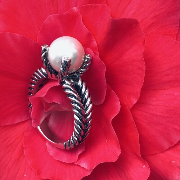 David Yurman 10mm Cultured Freshwater Pearl & Diamonds Ring Size 7 Beautiful - Picture 2 of 9